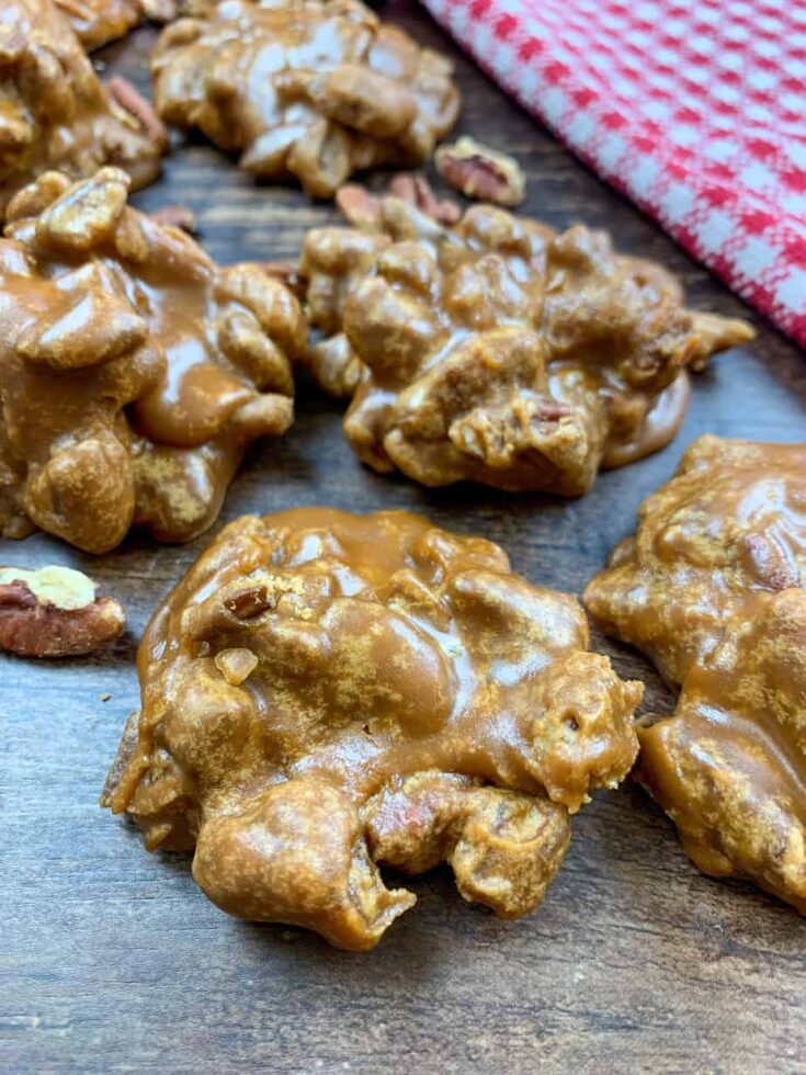 Candied praline pecans on a counter