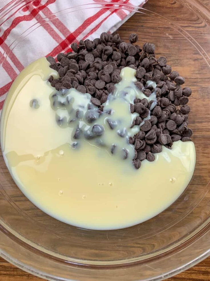 Sweetened condensed milk and chocolate chips in a glass bowl