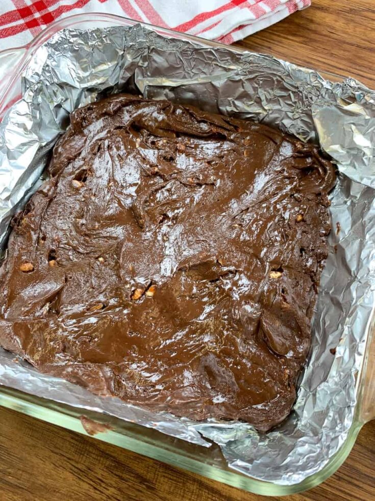 Chocolate fudge with pecans in a baking dish