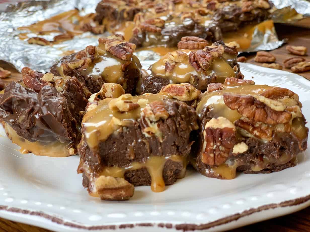 Chocolate turtle fudge on a plate