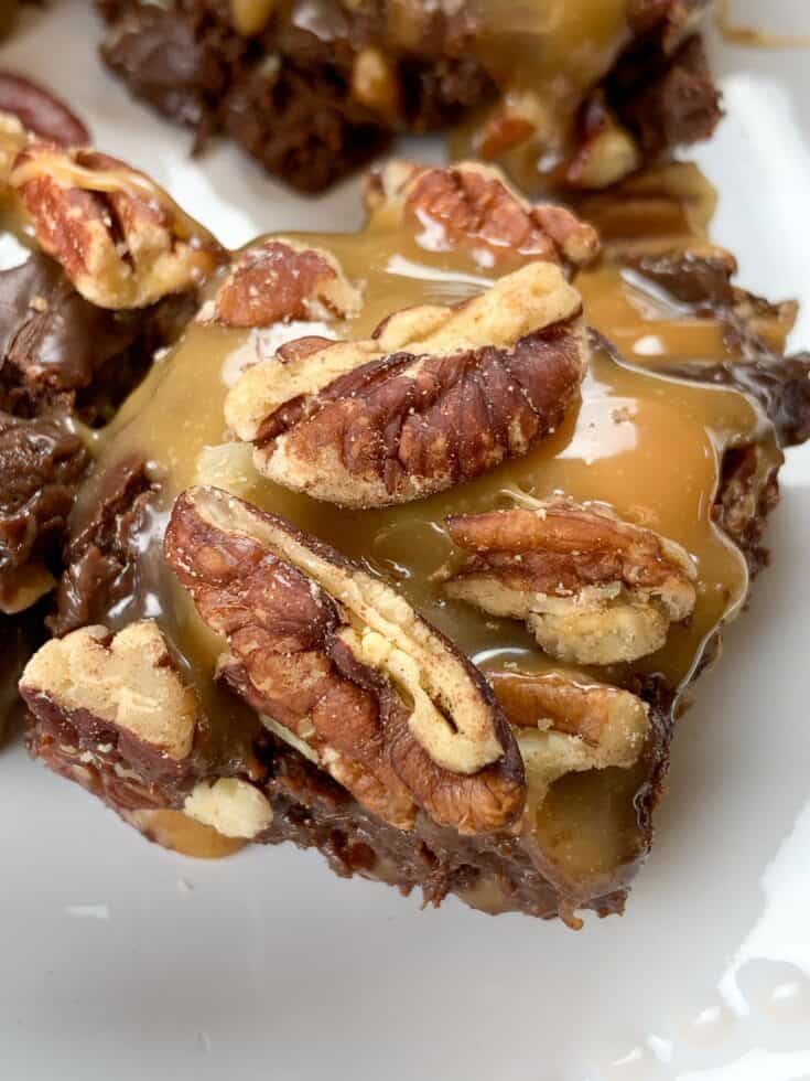 Chocolate turtle fudge on a plate