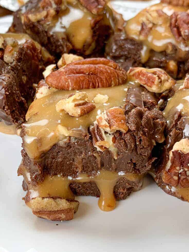 Chocolate turtle fudge on a plate