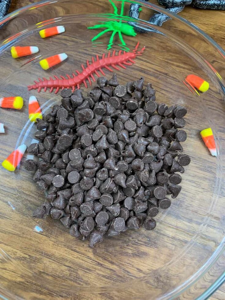 Chocolate chips in a bowl with Halloween decorations on the side