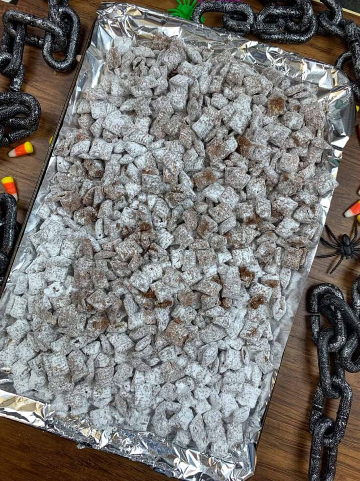 Muddy buddies on a cookie sheet