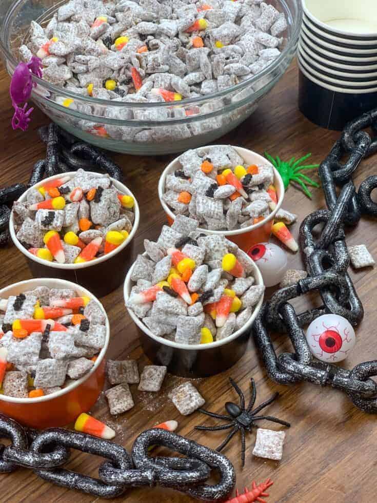 Muddy buddies in a bowl with Halloween deocrations