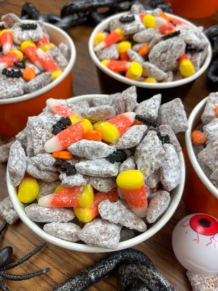 Muddy buddies with candy corn and pumpkin and bat sprinkles