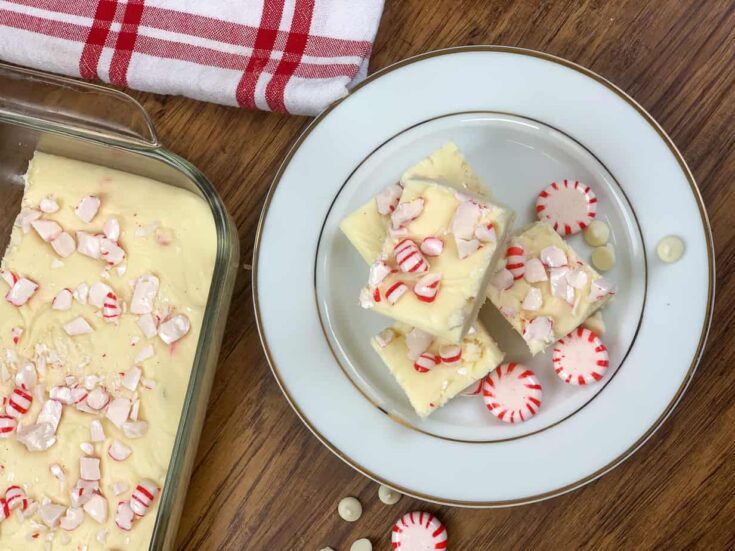 Peppermint white chocolate fudge on a plate