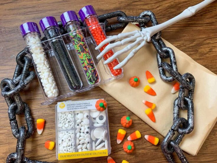 Candy and Halloween decorations on a countertop