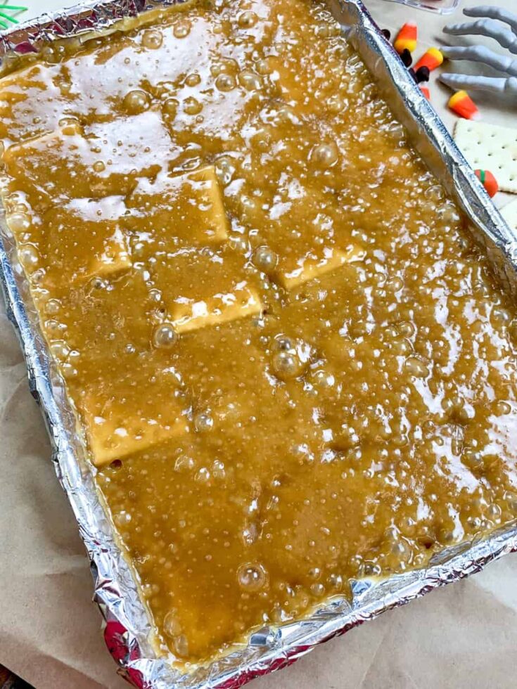 Toffee poured over crackers. 