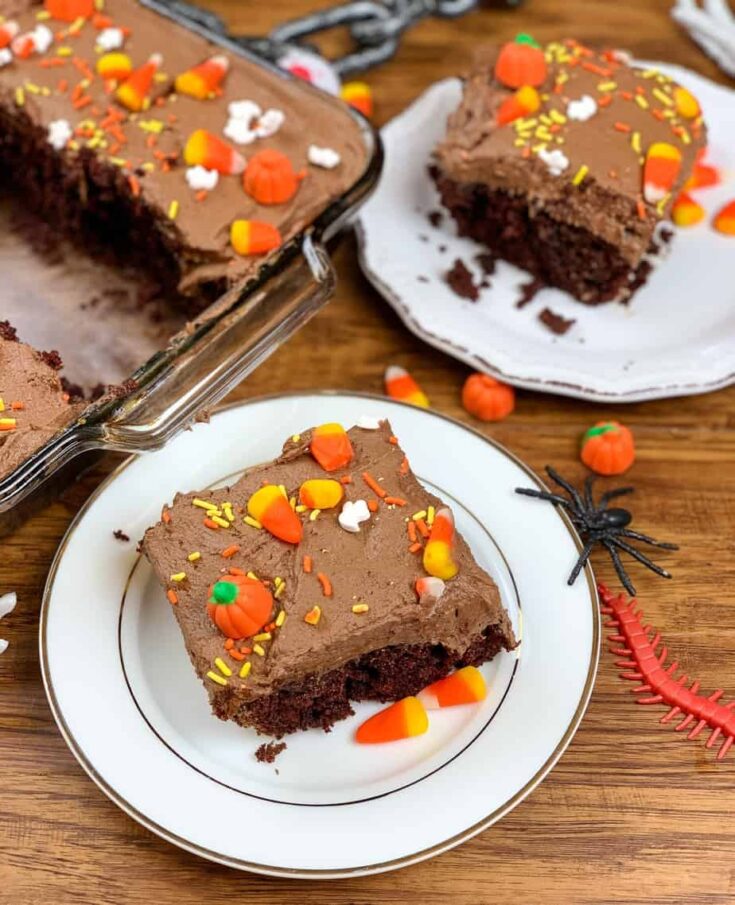 Two pieces of chocolate cake on a plate with candy corn and Halloween candy