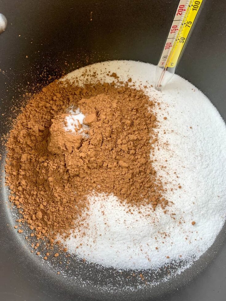 Sugar, cocoa, and salt in a saucepan.