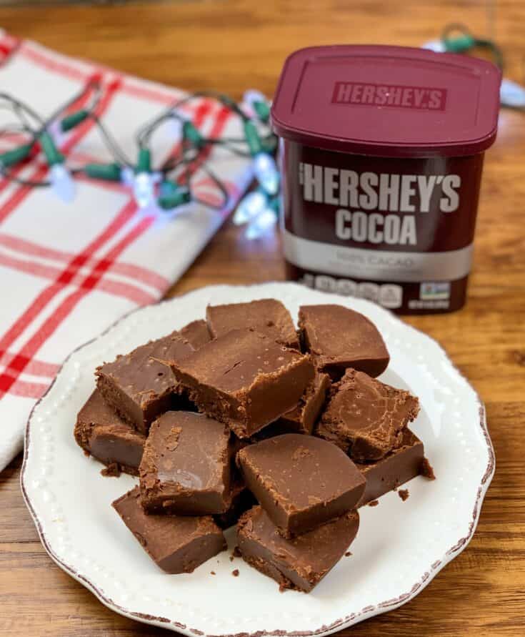 Hershey's chocolate fudge cut up into pieces and sitting on a plate