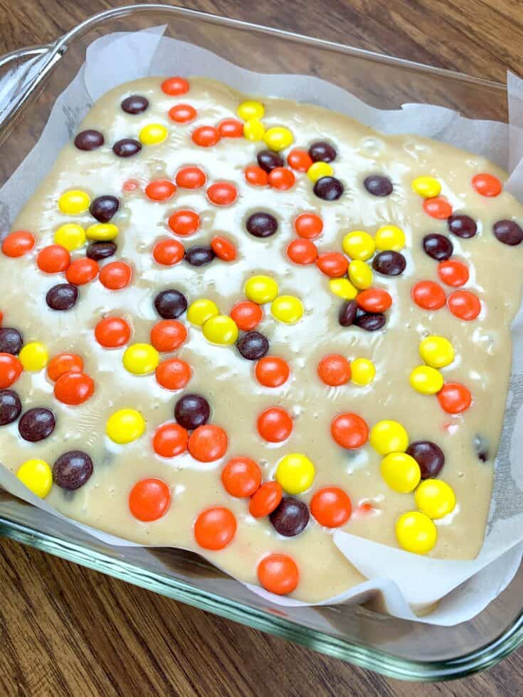 Reese's Pieces sprinkled on top of peanut butter fudge