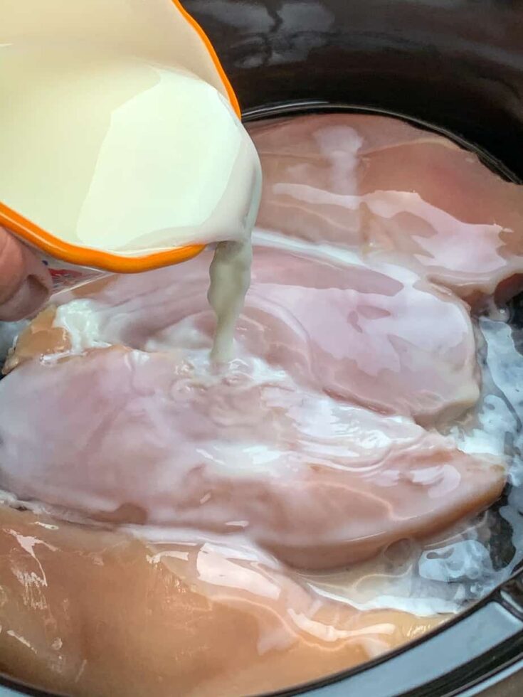 Pouring milk over chicken and water in a slow cooker