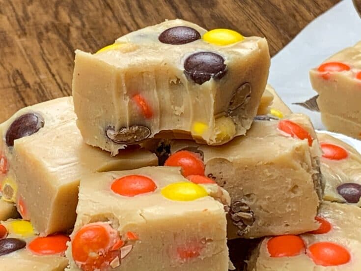 Reese's Peanut Butter Fudge cut up and stacked