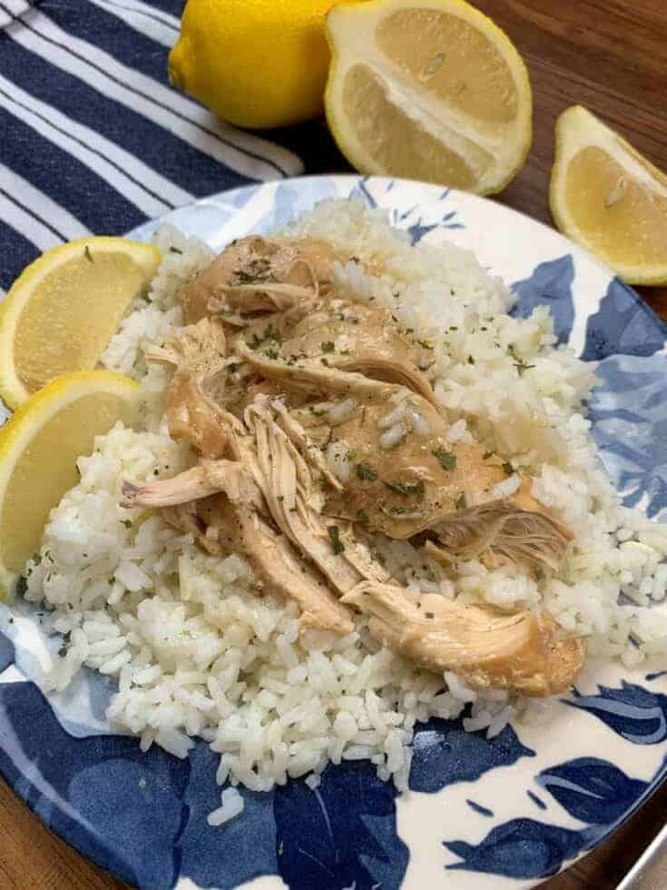 Chicken and rice on a plate. 