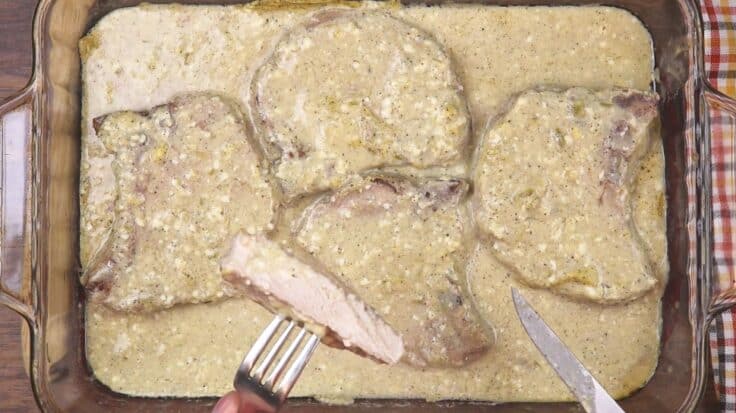 Cut up pork chop in a casserole dish