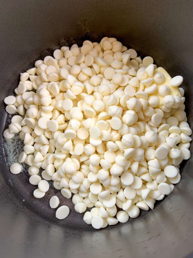 White chocolate chips in a saucepan