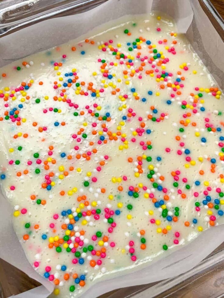 Funfetti fudge in a casserole dish