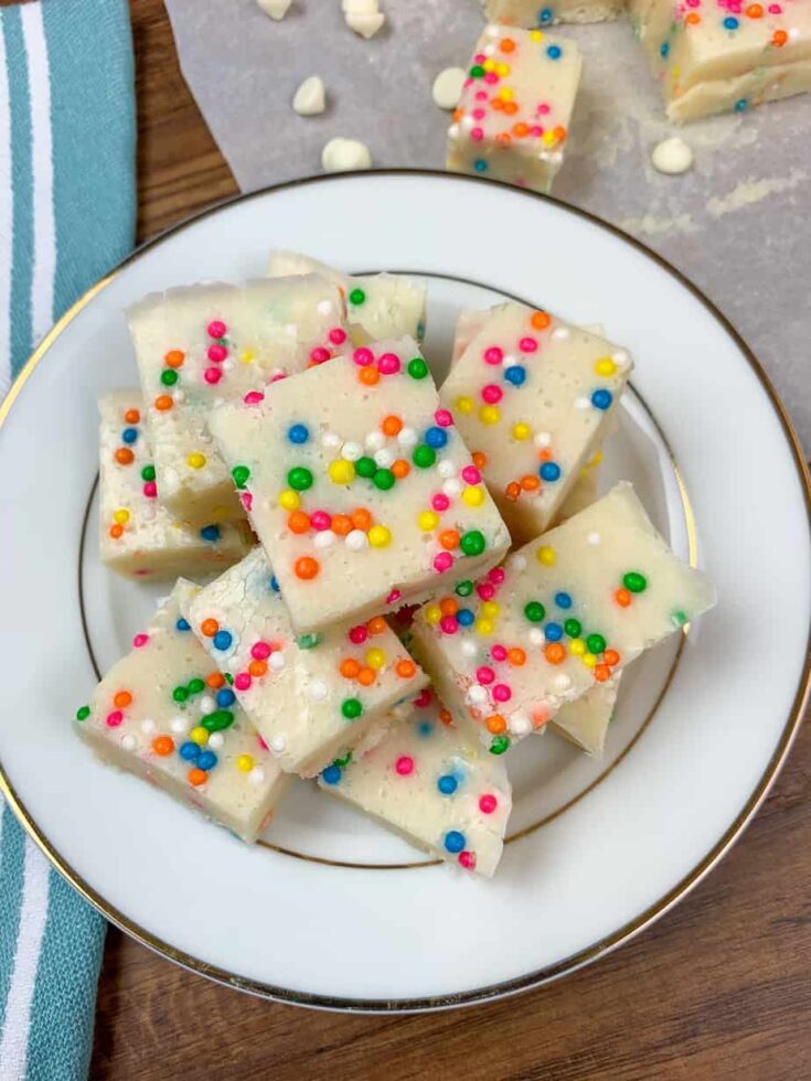 Cake batter fudge cut up on a plate