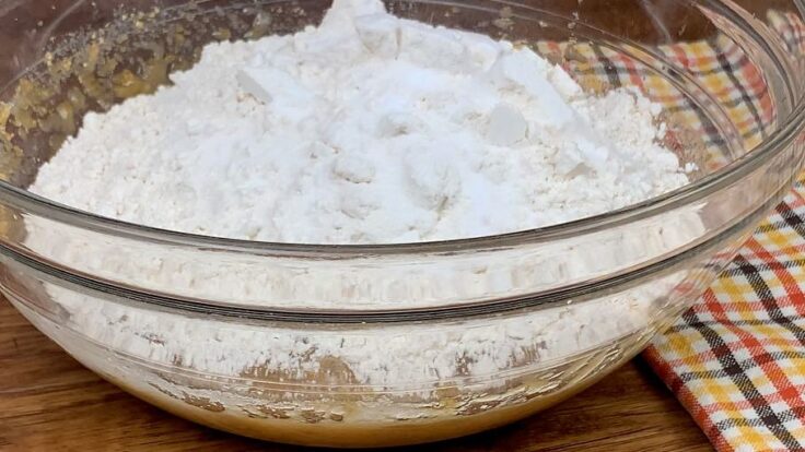 Flour, baking soda, and salt in a glass bowl