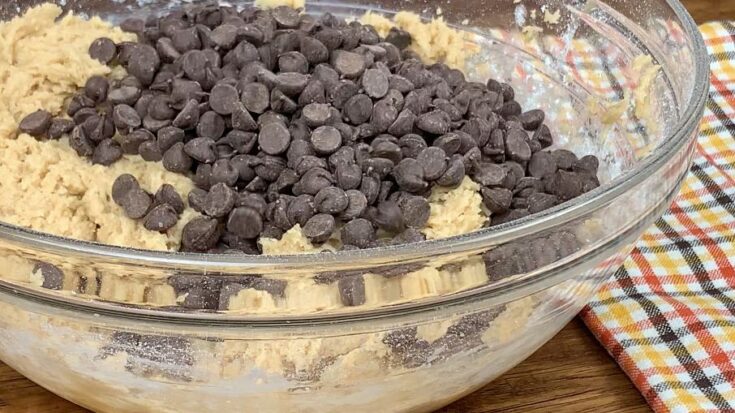 Chocolate chips with cookie dough in a bowl