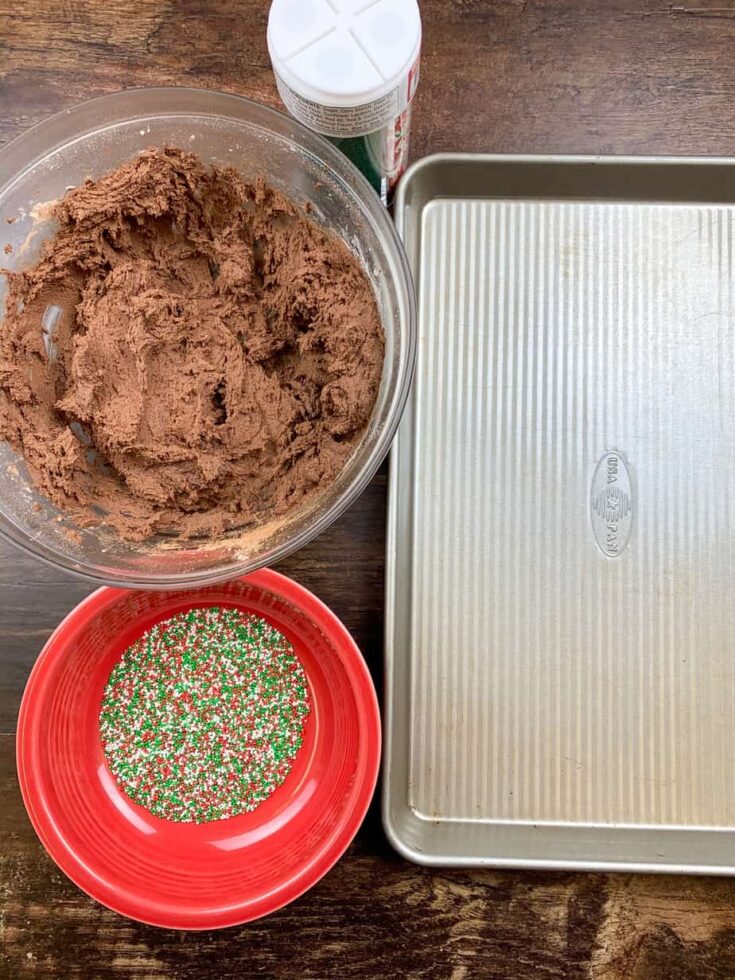 Rolling out the cookies in sprinkles and placing them on the cookie sheet