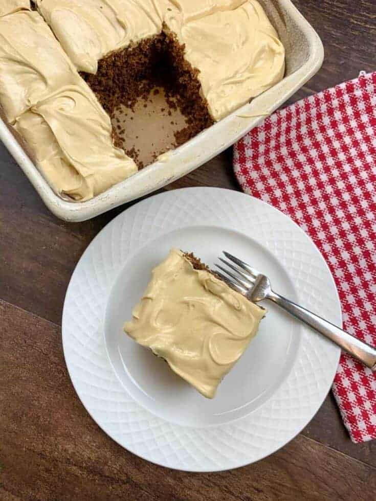 Gingergread cake with frosting on a plate