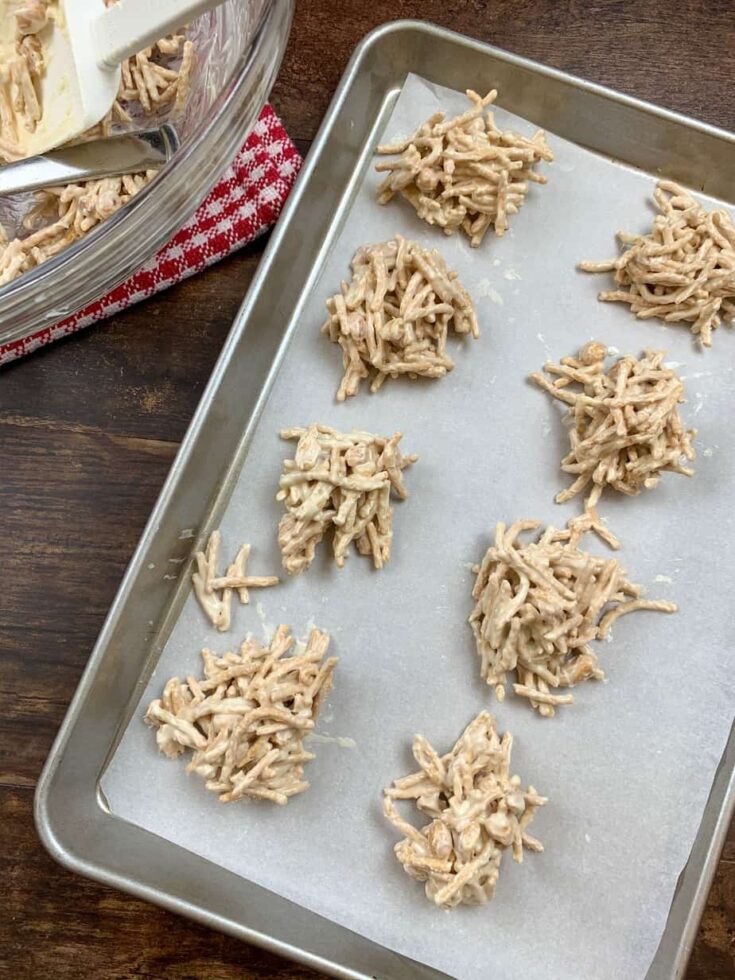 Haystack cookies on a cookie sheet