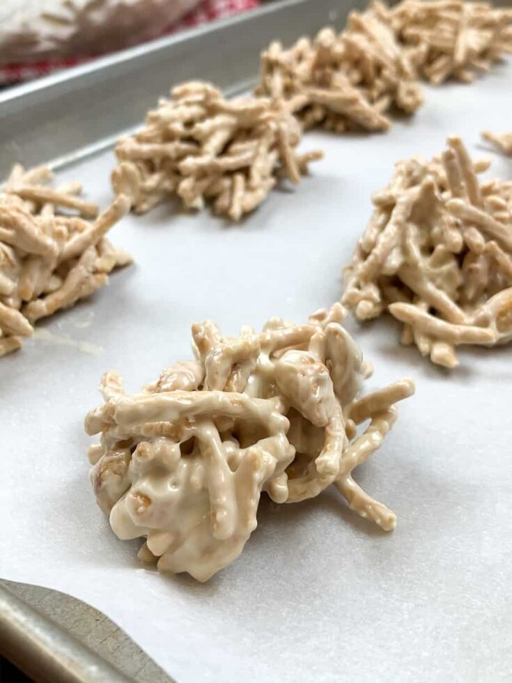 Haystack cookies on a cookie sheet