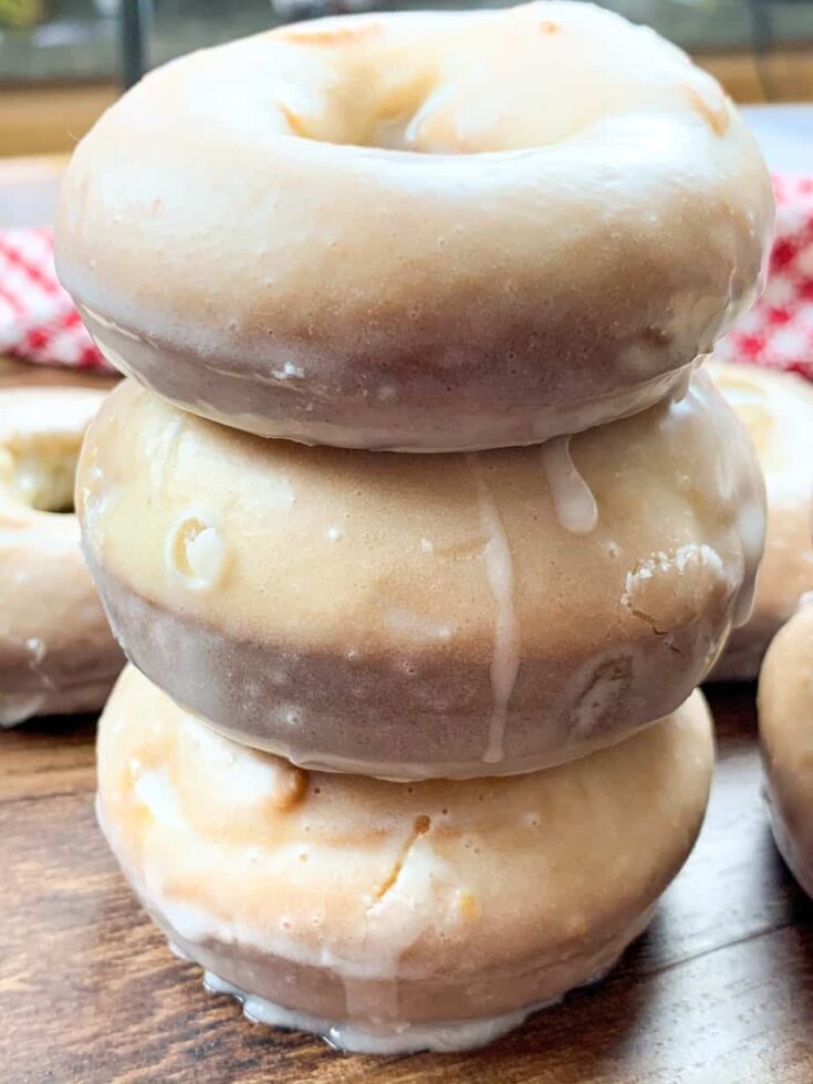 Baked donuts stacked on top of each other