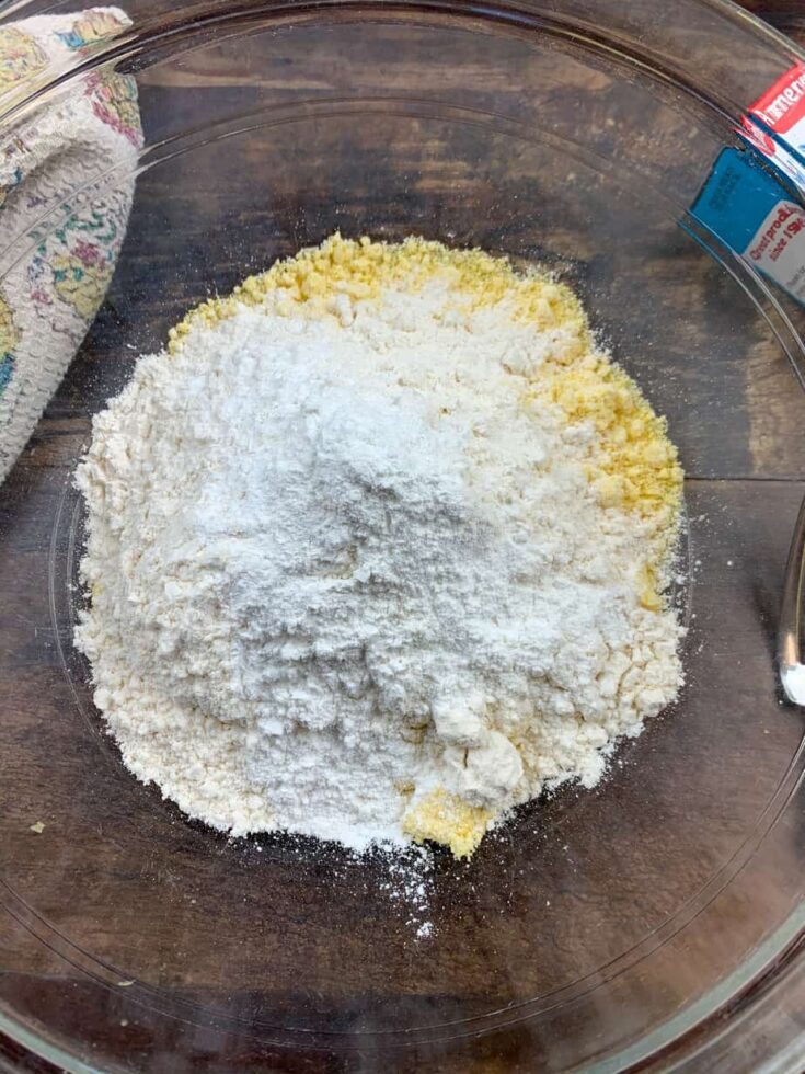 Jiffy Corn Muffin Mix with flour in a glass bowl