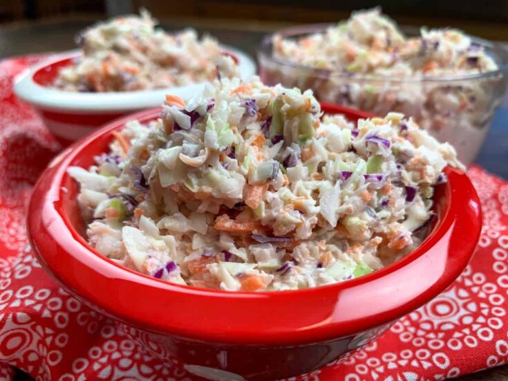 Crack coleslaw in a red bowl