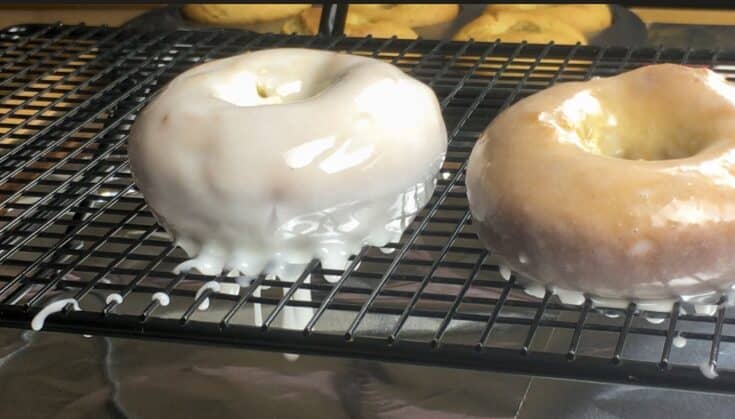 Glazed donuts on a cookie cooling rack