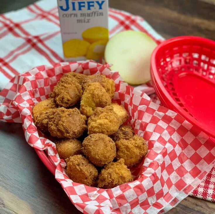 Hush puppies in a basket with red and white checked paper