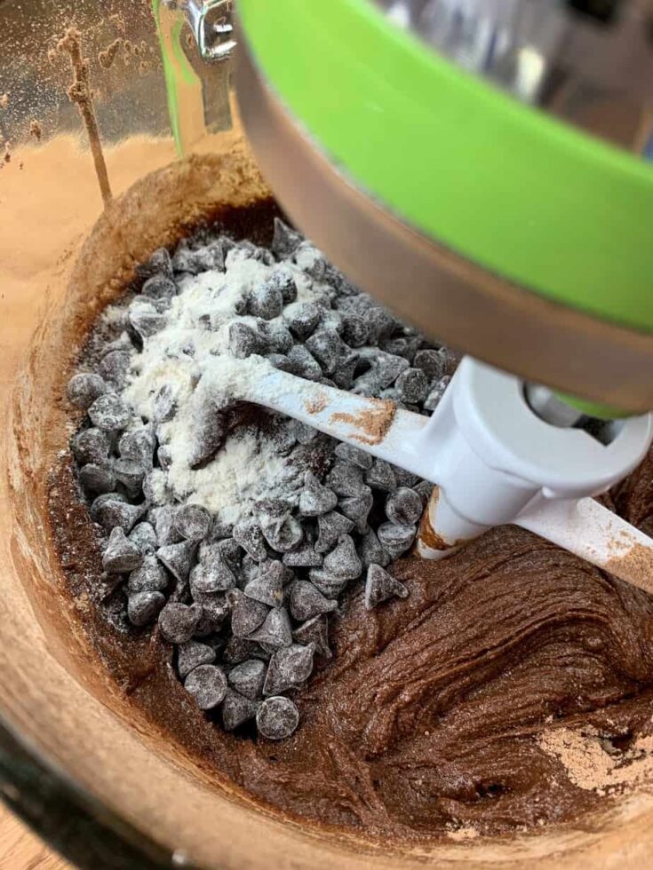 Adding the chocolate chips and flour to the buckeye brownie batter.