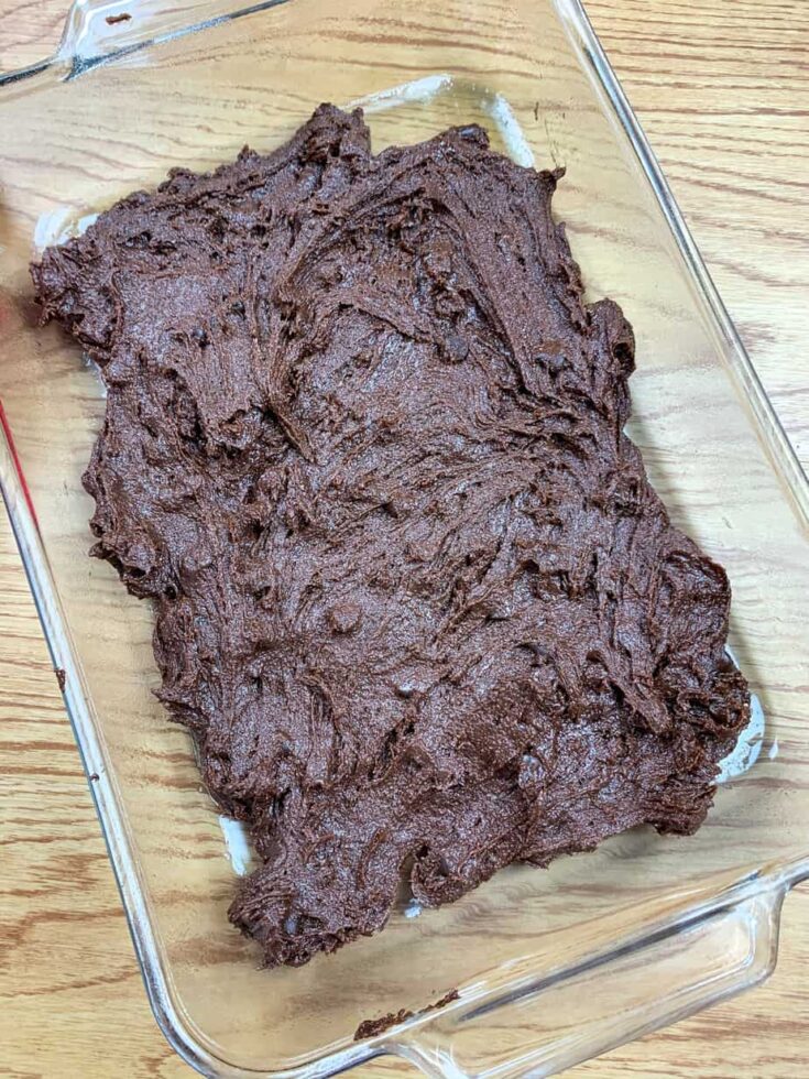 Brownie batter in a 9" x 13" casserole baking dish.