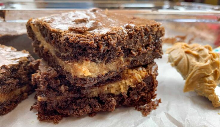 Buckeye brownies stacked on top of each other 