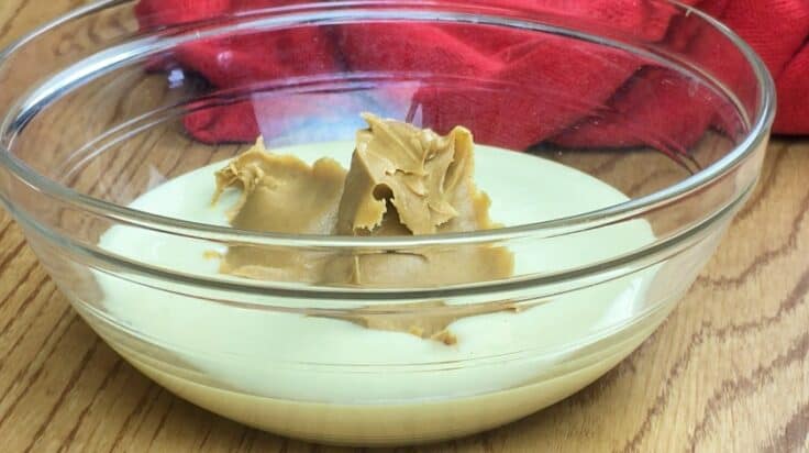 Sweetened condensed milk and peanut butter in a glass bowl.